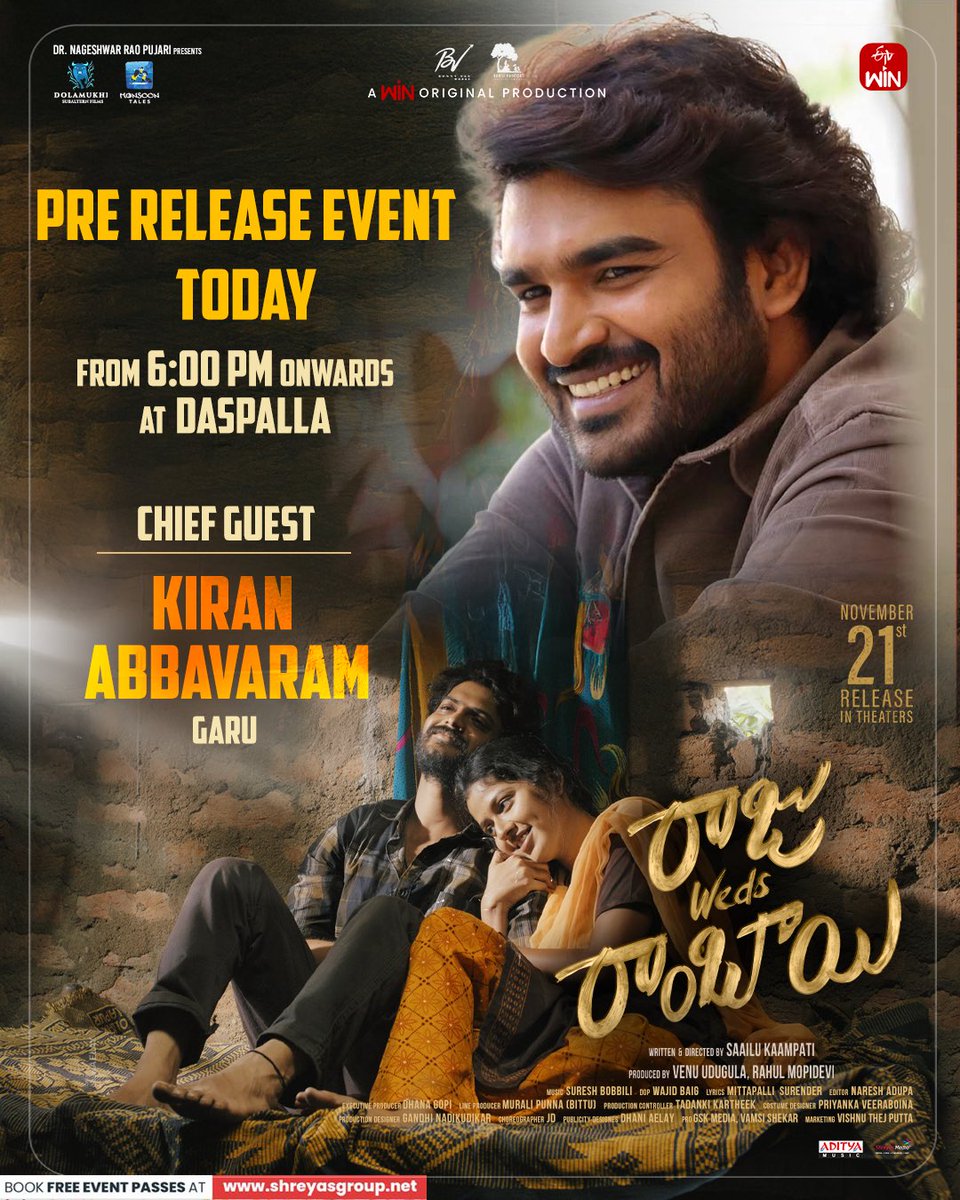 ProSreenuSuresh's tweet image. The Celebration of Greatest Love Story in a special way❤️‍🔥

Hero @Kiran_Abbavaram garu gracing the #RajuWedsRambai pre release event as Chief Guest today at Daspalla, HYD from 6PM Onwards

Book Your Passes Here for Mass Baarath🎟️ shreyas.media/rwr

#RajuWedsRambaiOnNov21st