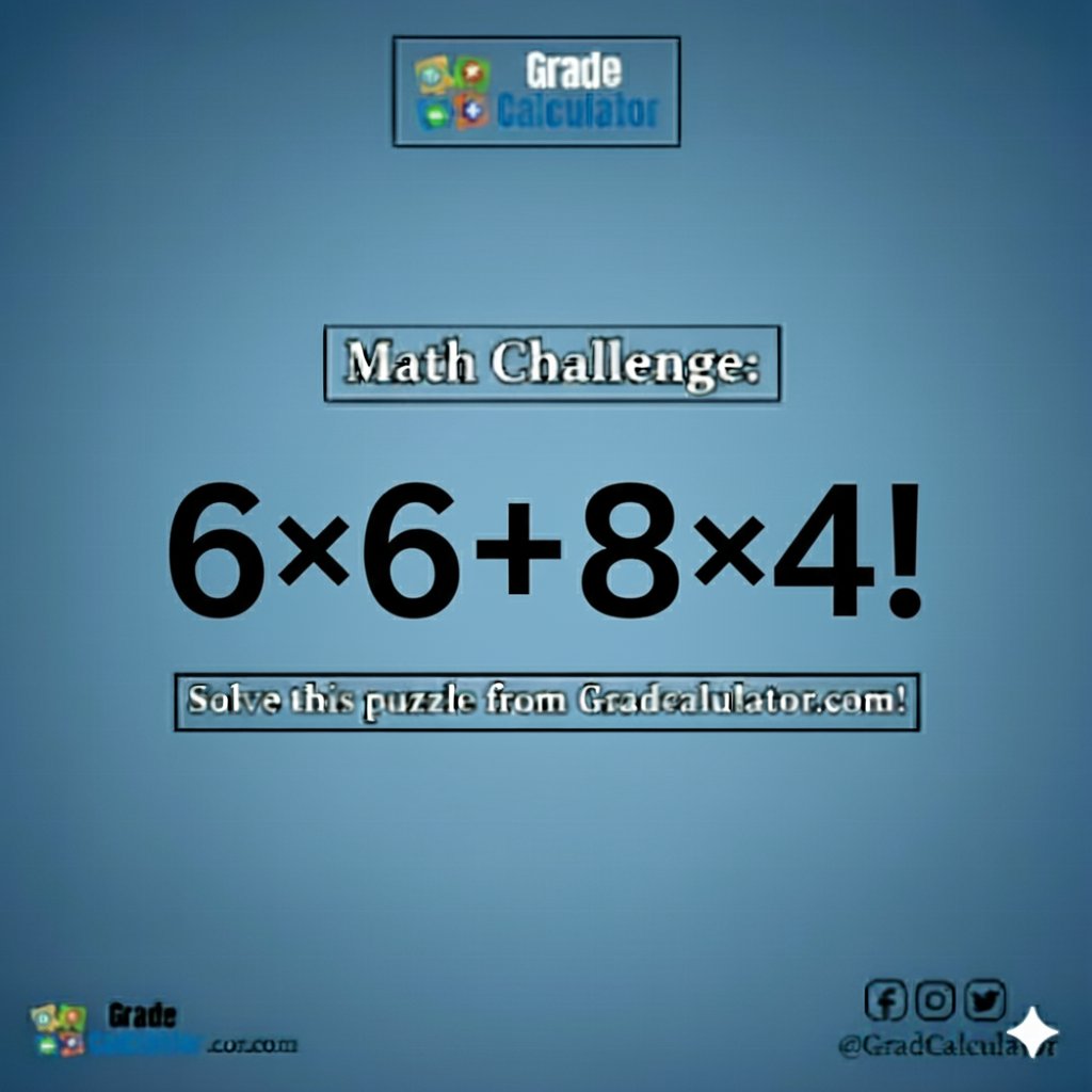 GradCalculator's tweet image. A quick test for your brainpower! 💪 What is 6 \times 6 + 8 \times 4!?
​Find helpful tools and more at gradcalculator.com
​#QuickMaths #MathPuzzle #MathIsFun #gradcalculator