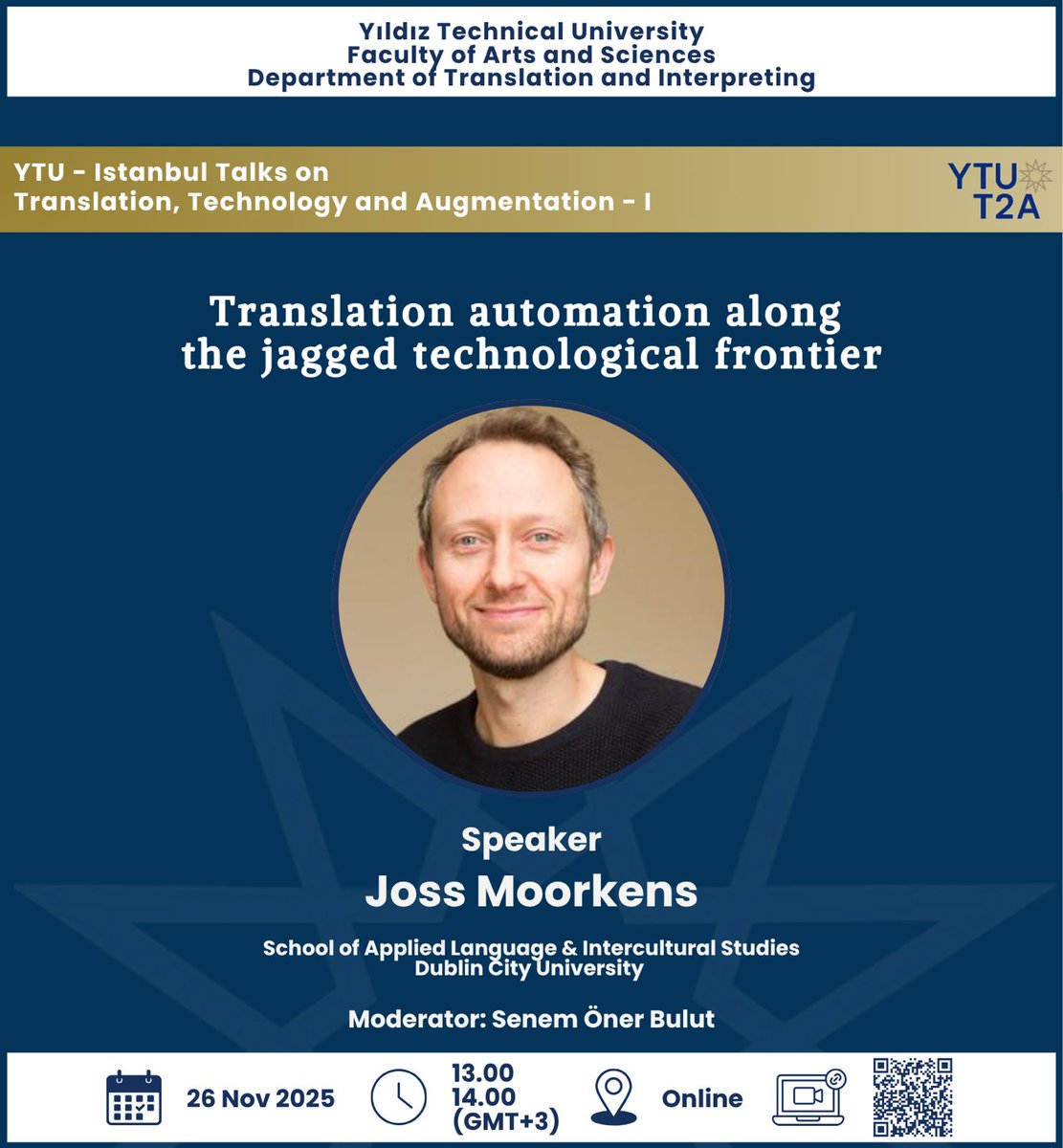 📢“YTU-Istanbul Talks on Translation, Technology, Augmentation” başlıklı etkinliklerimizin ilkinde Dr. Joss Moorkens’ın konuşmasını (26 Kasım 2025, 13.00-14.00) dinlemeye davetlisiniz! 💫 <a href="/YildizEdu/">Yıldız Teknik Üniversitesi</a> <a href="/YtuFedFkl/">YTÜ Fen-Edebiyat Fakültesi</a> 
Katılım için: yildiz-edu-tr.zoom.us/j/91385972725?…