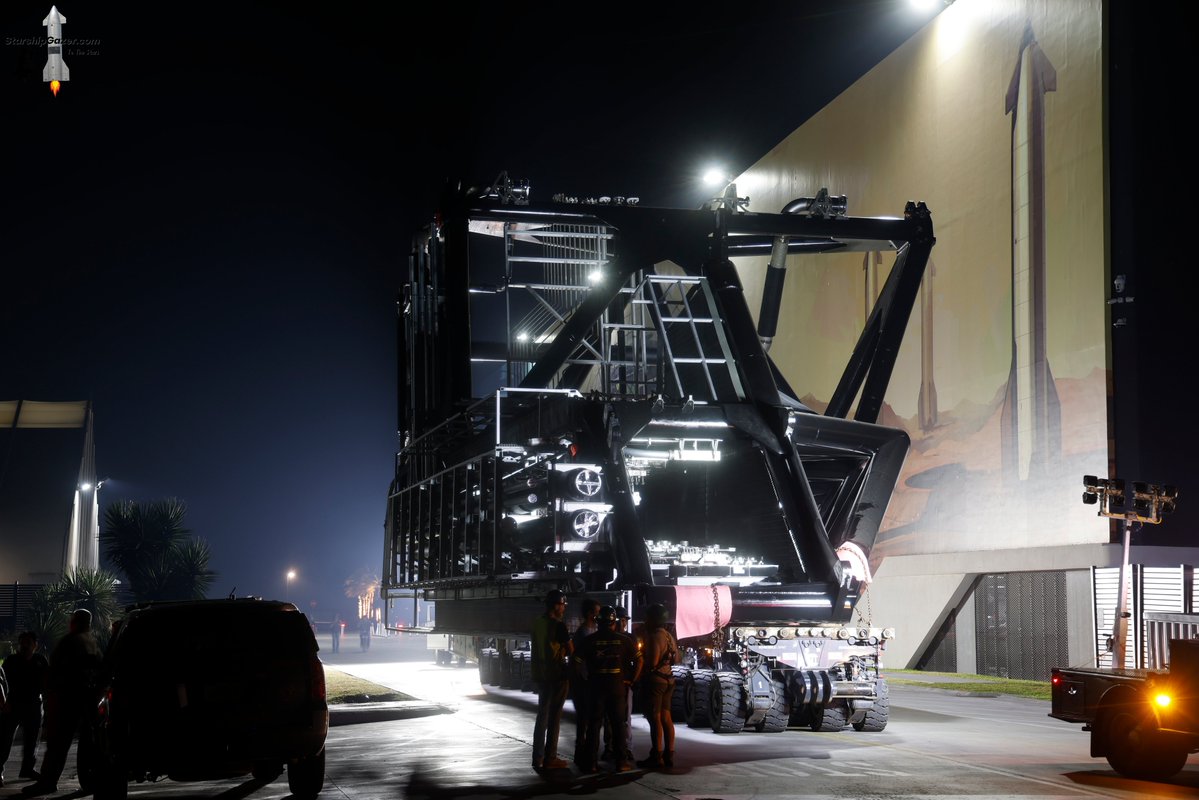 StarshipGazer's tweet image. Starbase pad 2 SQD arm is rolling out to the launch complex tonight for installation on tower 2.

11/18/25