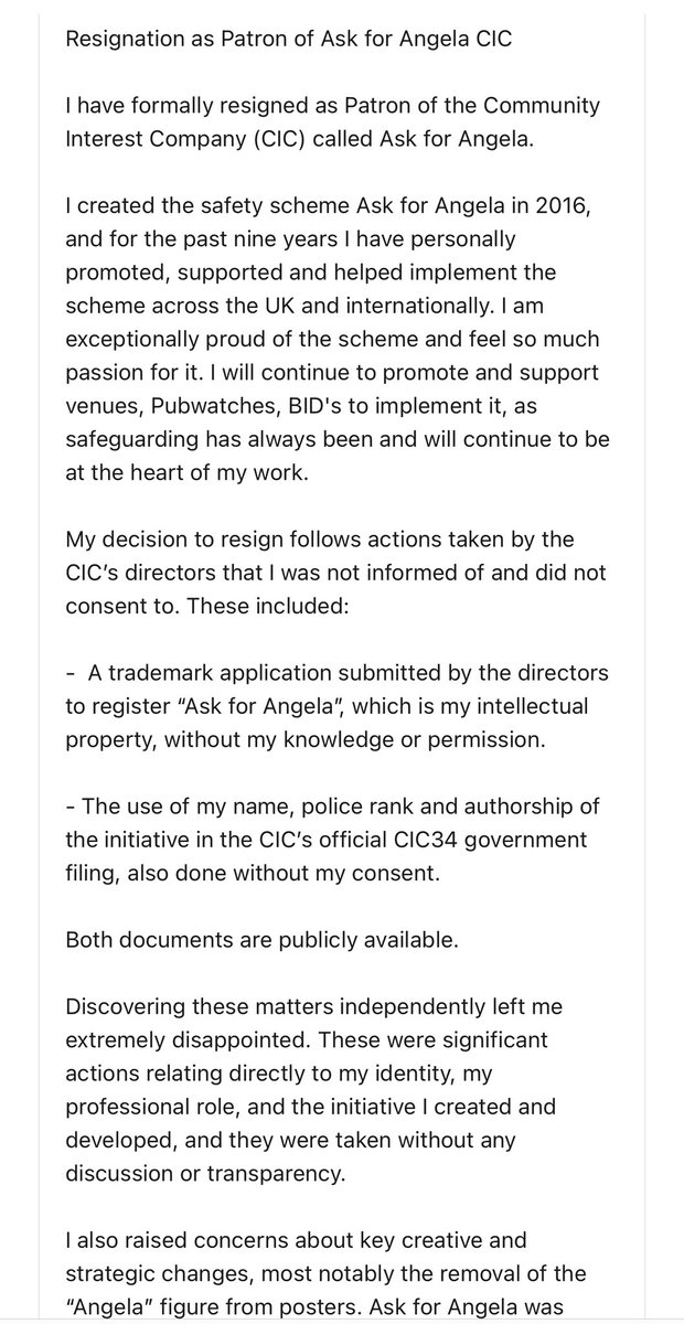 JeanHatchet's tweet image. A woman named Hayley Crawford created ‘Ask for Angela’ to help women who were being targeted with male violence to seek help.

She has had to resign after her initiative was ‘taken out of her hands’ without notice and crucially - the remit broadened to include men - including…