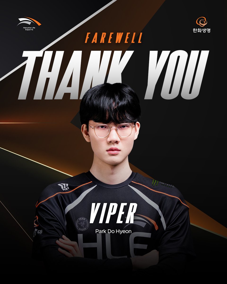 HLEofficial's tweet image. 𝗧𝗵𝗮𝗻𝗸 𝘆𝗼𝘂, 𝗩𝗜𝗣𝗘𝗥
한화생명e스포츠는 2025 시즌을 끝으로 &apos;Viper&apos; 박도현 선수와 계약을 종료하게 되었습니다. 지난 3년 동안 팀을 위해 보여준 바이퍼 선수의 헌신과 노력에 깊은 감사의 말씀을 전합니다. 앞으로 이어질 바이퍼 선수의 새로운 도전과 앞날을 진심으로 응원합니다.