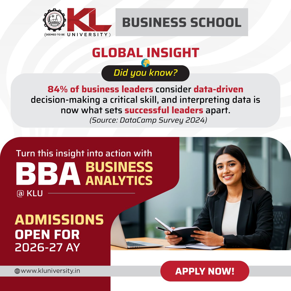 kluniversity's tweet image. KLU’s BBA in Business Analytics blends business strategy with data science. Learn Power BI, Python, the Harvard Case Method to turn data into decisions; build a high-demand career.

Admissions open for 2026–27.
Apply: kluniversity.in/admissions-202…

#KLU #BusinessAnalytics #BBAStudents
