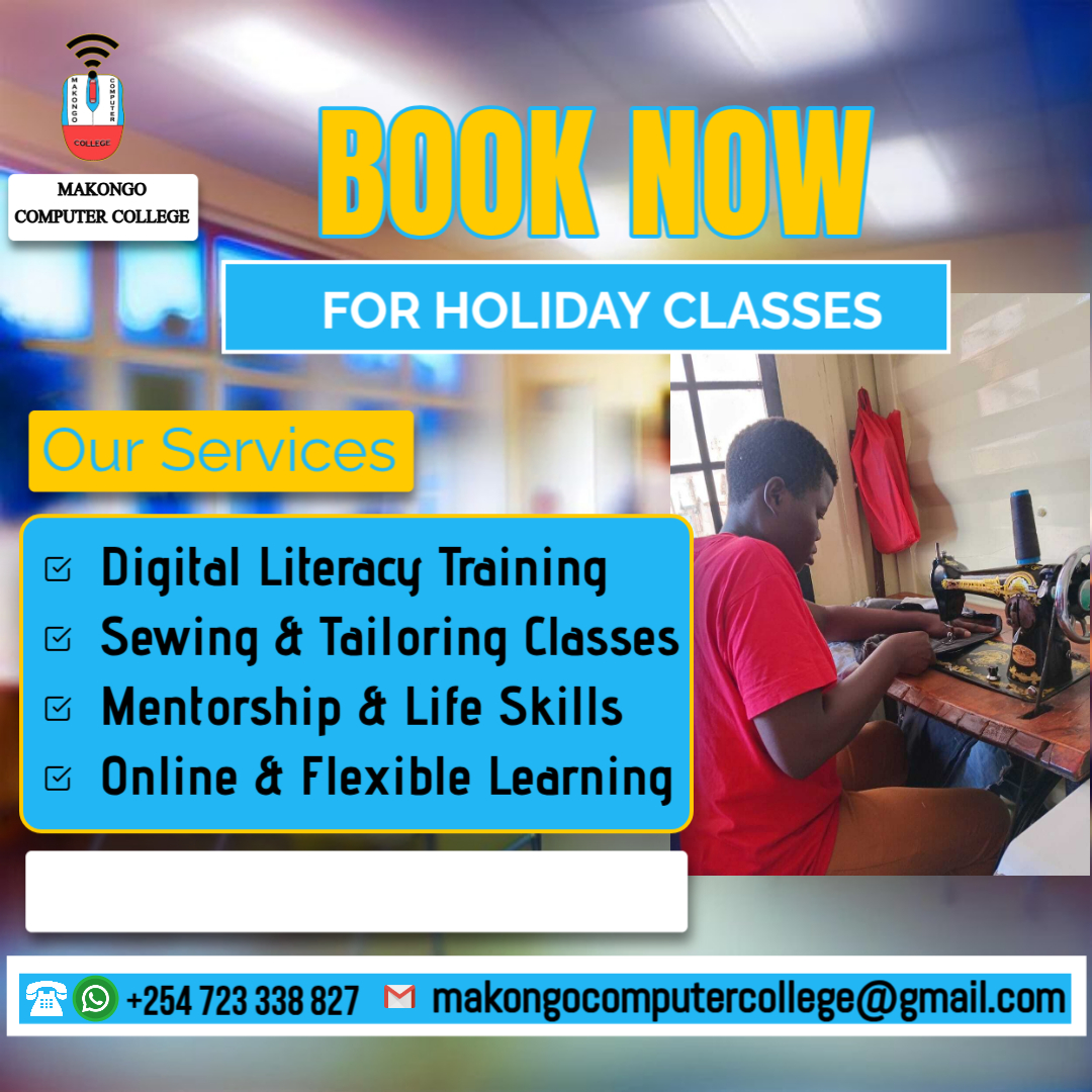 🌟 Holiday Classes @ MakongoCollege! Keep your learners engaged and growing this holiday with our impactful programs:
💻 Digital Literacy 
✂️ Sewing Classes 
💬 Mentorship &amp; Safe Space 
We offer more than classes — we offer opportunities.
Open to anyone eager to learn.