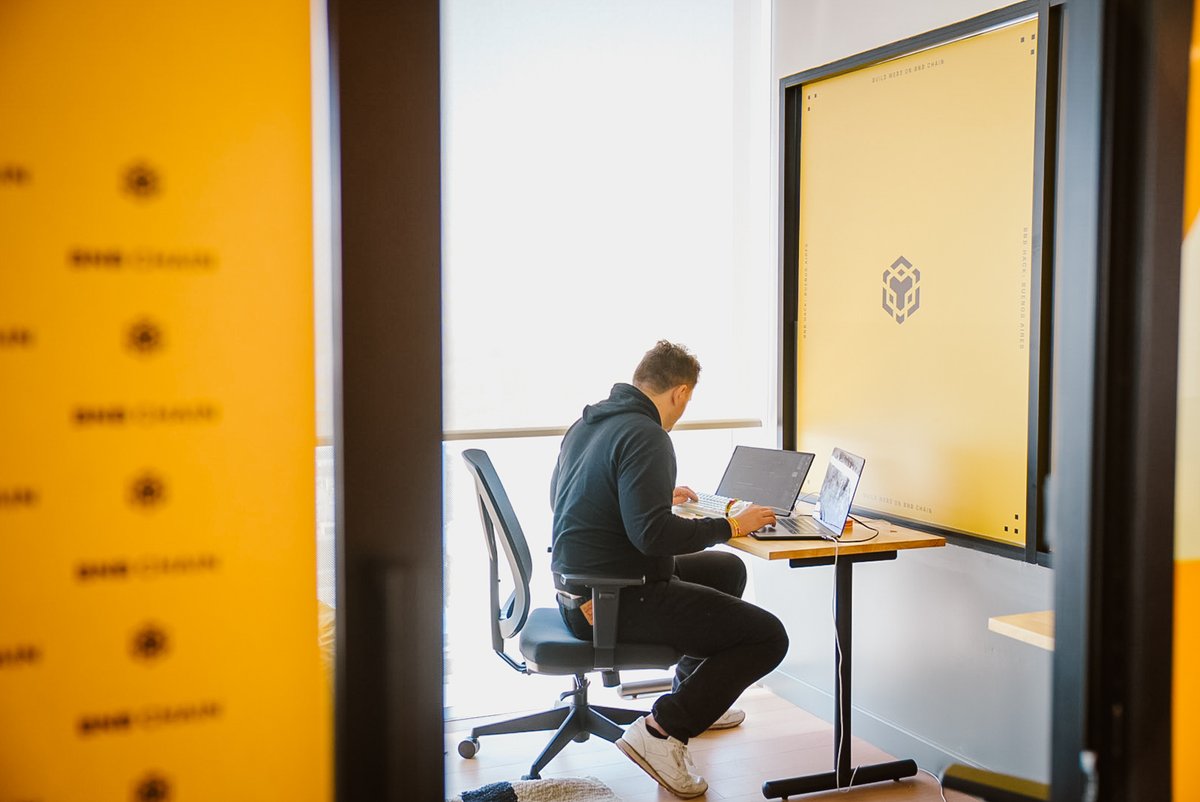 Developer working intently on laptop in BNB Chain themed office