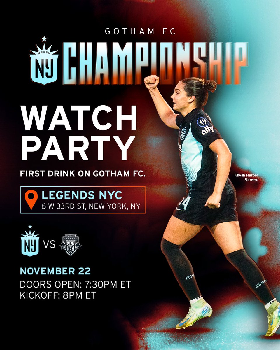 GothamFC's tweet photo. OUR FINALS WATCH PARTIES 🚨

Head over to one of our bars on 11/22 to watch us take on Washington Spirit for the @NWSL final. First drink on us! 

RSVP https://t.co/MoXpmopTuf https://t.co/kRVXMnUdvF