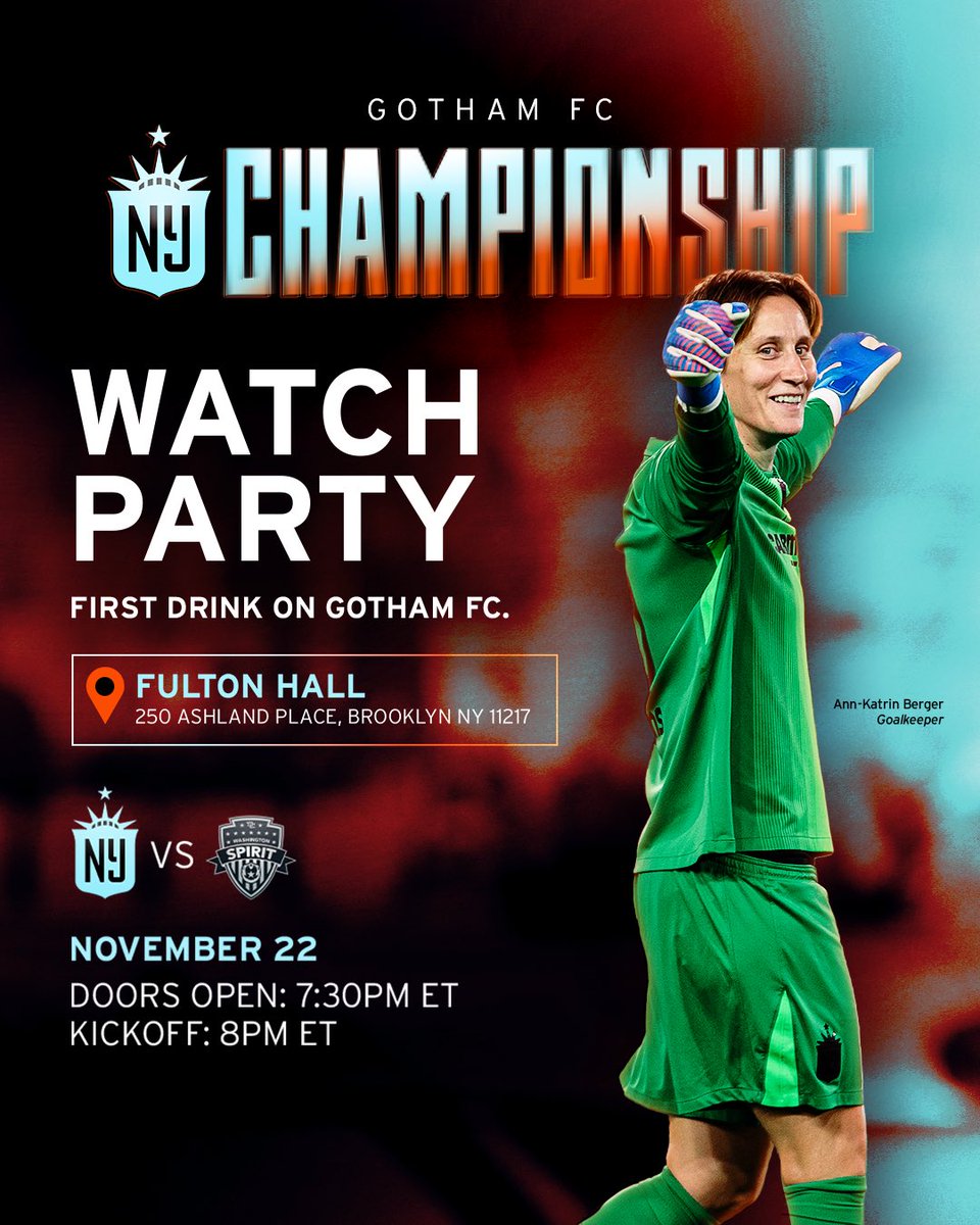 GothamFC's tweet photo. OUR FINALS WATCH PARTIES 🚨

Head over to one of our bars on 11/22 to watch us take on Washington Spirit for the @NWSL final. First drink on us! 

RSVP https://t.co/MoXpmopTuf https://t.co/kRVXMnUdvF