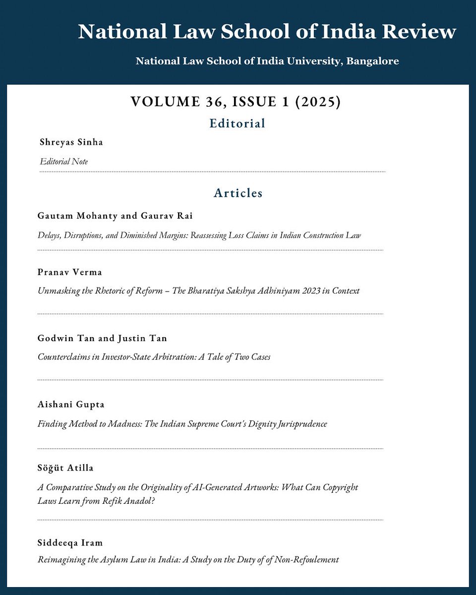 The National Law School of India Review presents Volume 36, Issue 1 (2025). We extend our gratitude to our authors, reviewers, and editors for their work in bringing this issue to publication. The full issue can be accessed at the NLSIR Repository.