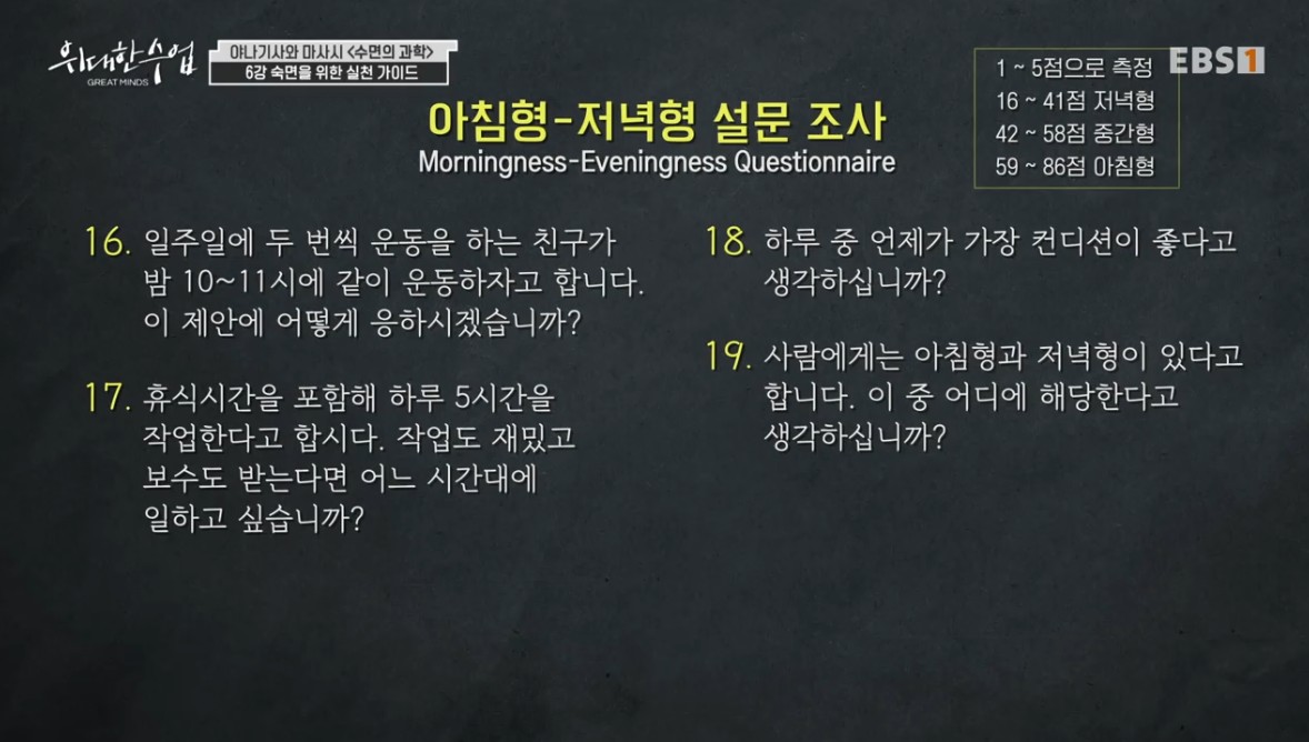아침형 인간, 저녁형 인간 알 수 있는 설문 조사 
각 질문에 1~5점으로 점수 매겨서 총합 확인해 보면 된다고 하네요!
16~41점: 저녁형 
42~58점: 중간형
59~86점: 아침형

#EBS #위대한수업