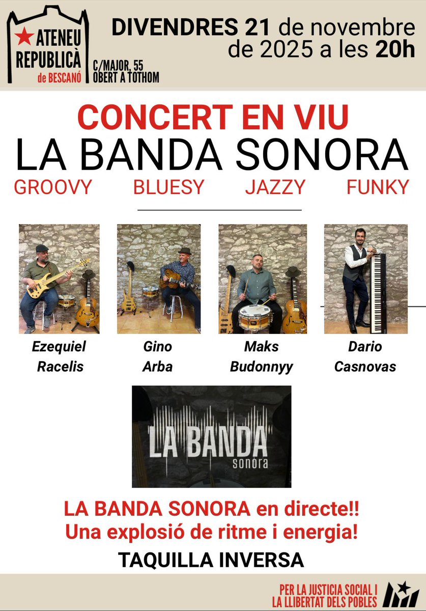 ☀️Continuem amb música 🎼a l’Ateneu…
Comença el cap de setmana amb energia: divendres a l’Ateneu, LA BANDA SONORA et farà vibrar amb 🎹🥁🎸ritmes groovy, bluesy, lazzy i funky!
La millor manera de començar el cap de setmana, t’ho perdràs??😉😃
