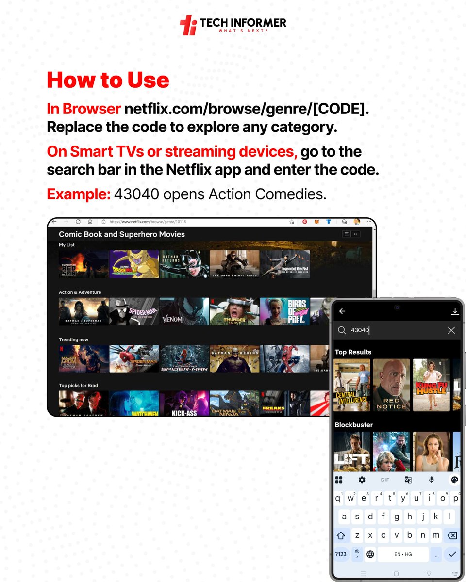 Tech_Informer_'s tweet image. Unlock Netflix’s hidden categories with these secret codes 
From anime and action to family favorites and dark comedies, explore content you didn’t even know existed!

#TechInformer
#Netflix #NetflixCodes #NetflixHacks