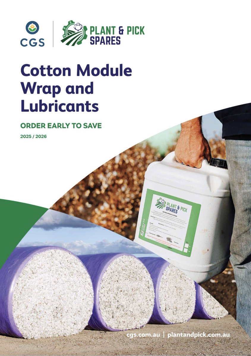 CGS is proud to continue our partnership with Plant and Pick Spares for Cotton Module Wrap, Spindle Grease and Cleaner this 2025/26 season.

Even better? Every PPS wrap sale helps support local communities.

Contact your local CGS to find out more about the Early Order Program 💜