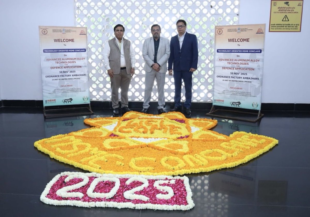 YantraIndiaLtd's tweet photo. Yantra India Limited (YIL) hosted a Tech-Oriented MSME Conclave on Advanced Aluminium Alloy Technologies for Defence Applications at @GmOfaj on 18.11.2025.
The event was inaugurated by Shri Vijaykumar Iyer, Director/Operations & CMD (Additional Charge).
The conclave witnessed by all officers from OFAJ & YIL HQ along with participation from leading professionals of the MSME sector, along with experts and faculty members from NIT and IIT.
The programme was organized with the objective of promoting MSME involvement in R&D and enhancing the adoption of advanced aluminium alloys in defence manufacturing, thereby strengthening the ecosystem of innovation and self-reliance in the defence sector. 
#AtmanirbharBharat

@PMOIndia
@DefenceMinIndia
@SpokespersonMoD
@DefProdnIndia 
@minmsme 
@PIB_India