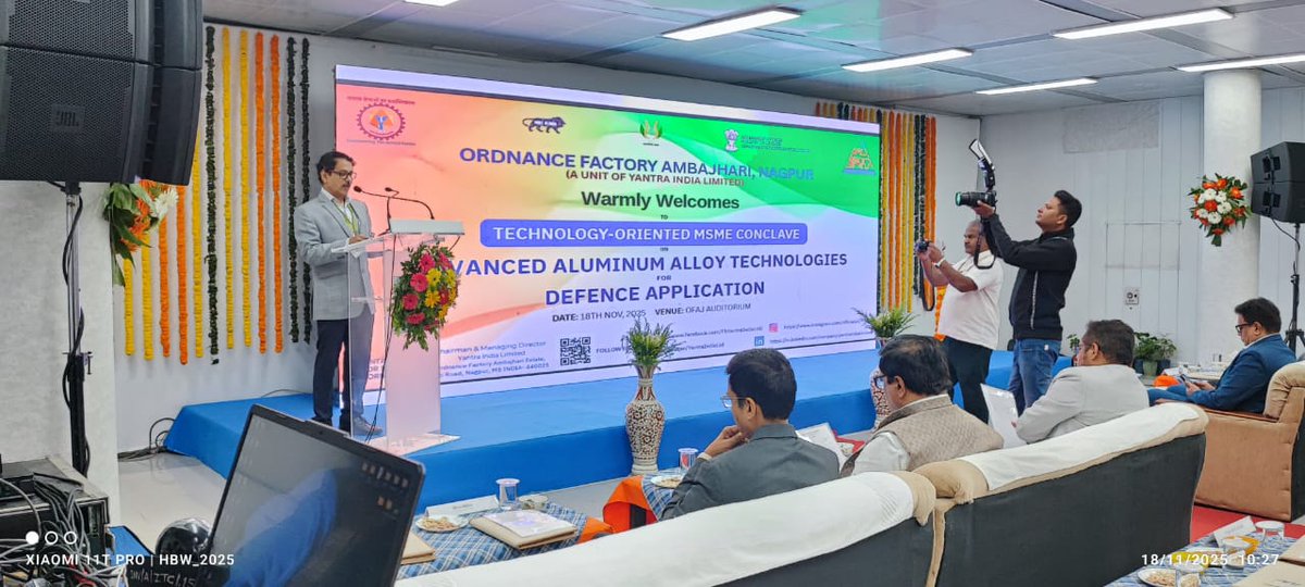 YantraIndiaLtd's tweet photo. Yantra India Limited (YIL) hosted a Tech-Oriented MSME Conclave on Advanced Aluminium Alloy Technologies for Defence Applications at @GmOfaj on 18.11.2025.
The event was inaugurated by Shri Vijaykumar Iyer, Director/Operations & CMD (Additional Charge).
The conclave witnessed by all officers from OFAJ & YIL HQ along with participation from leading professionals of the MSME sector, along with experts and faculty members from NIT and IIT.
The programme was organized with the objective of promoting MSME involvement in R&D and enhancing the adoption of advanced aluminium alloys in defence manufacturing, thereby strengthening the ecosystem of innovation and self-reliance in the defence sector. 
#AtmanirbharBharat

@PMOIndia
@DefenceMinIndia
@SpokespersonMoD
@DefProdnIndia 
@minmsme 
@PIB_India