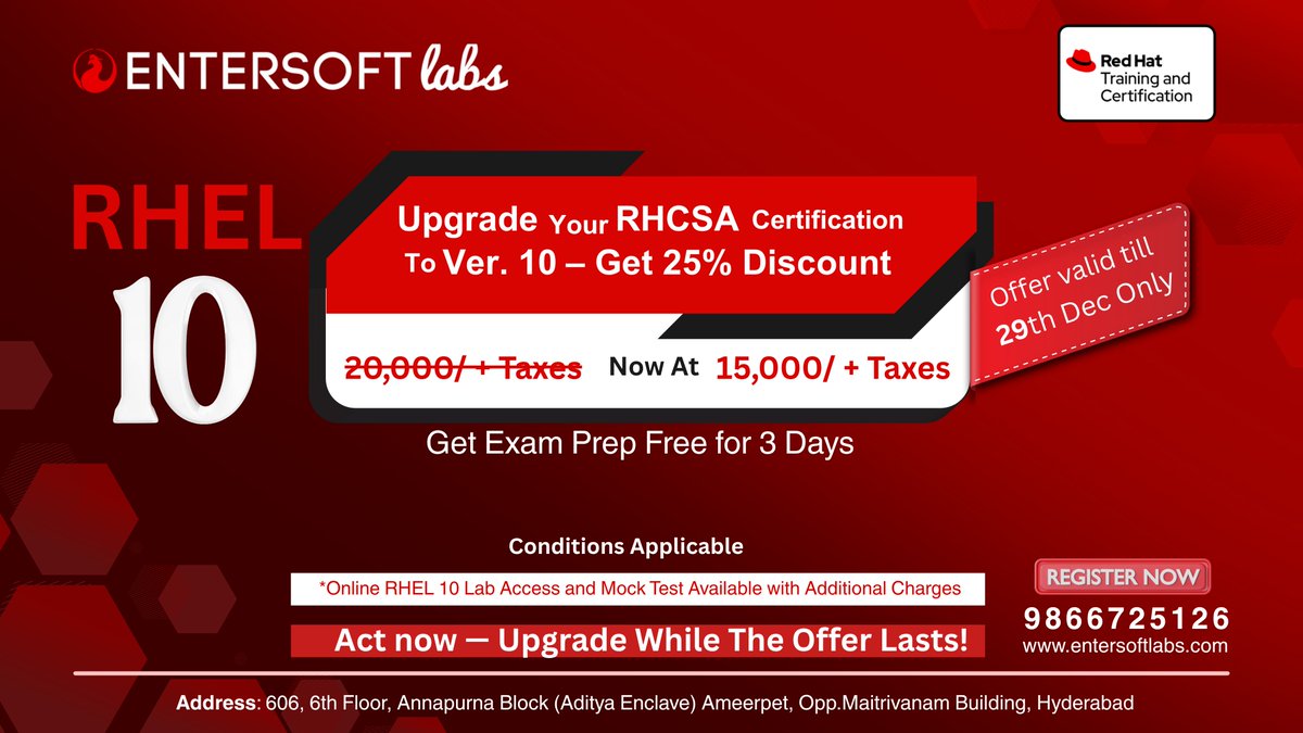 entersoftlabs's tweet image. 🚀 Upgrade to RHCSA v10!
🔥 Get 25% OFF on Red Hat Linux training — valid till 29 Dec.
Hands-on labs | Mock tests | Expert mentorship
Future-proof your Linux career.
👉 Enroll now!

#RHCSA #RedHat  #LinuxCertification #RHCSAv10 #DevOps