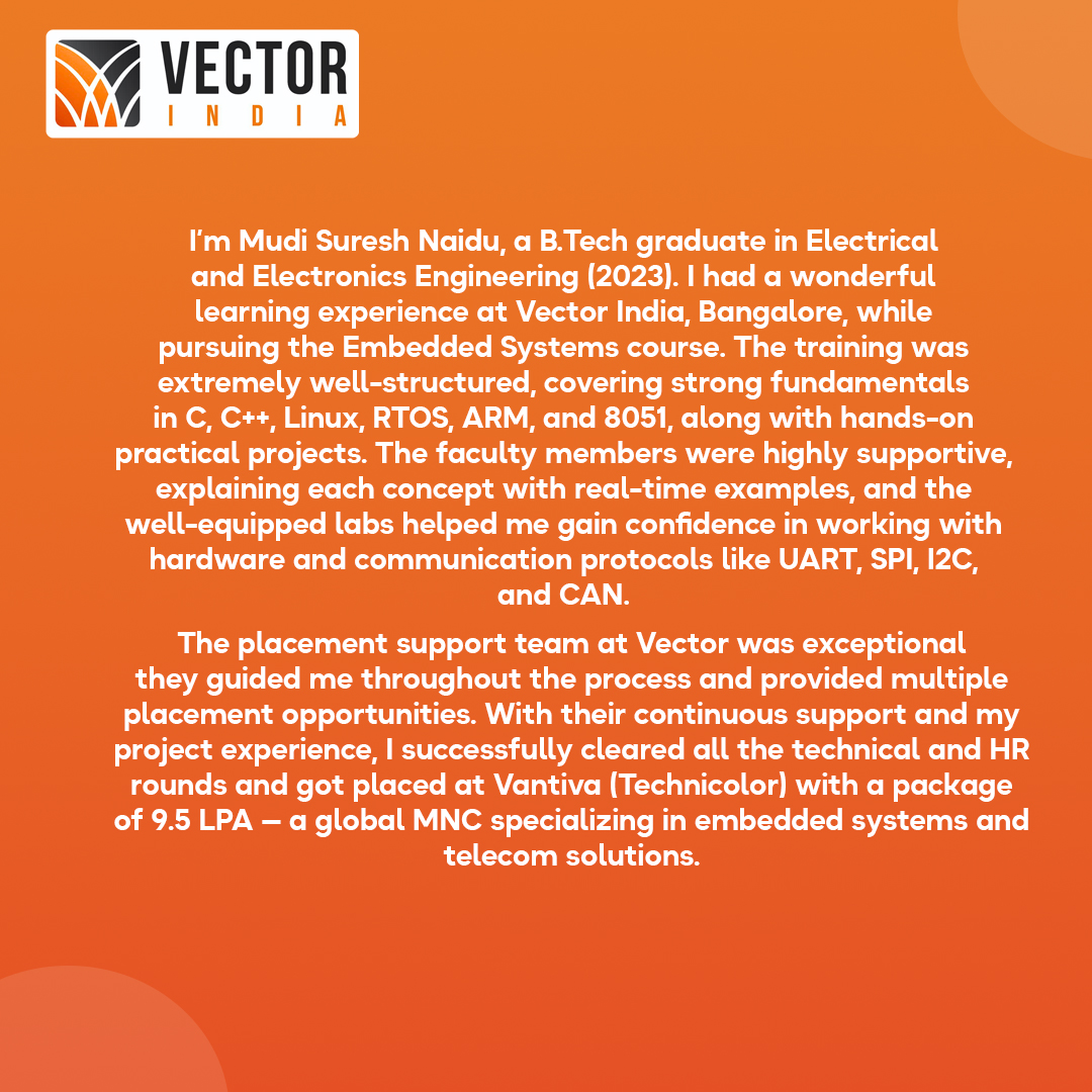 Vector_India's tweet image. Celebrating another proud moment at Vector India!
Suresh Naidu Mudi from our Bengaluru branch bags 9.5 LPA at Vantiva after mastering Embedded Systems with us.
Hands-on training + strong placement support = Career Success!
#PlacementSuccess #EngineeringCareers #EmbeddedSystems