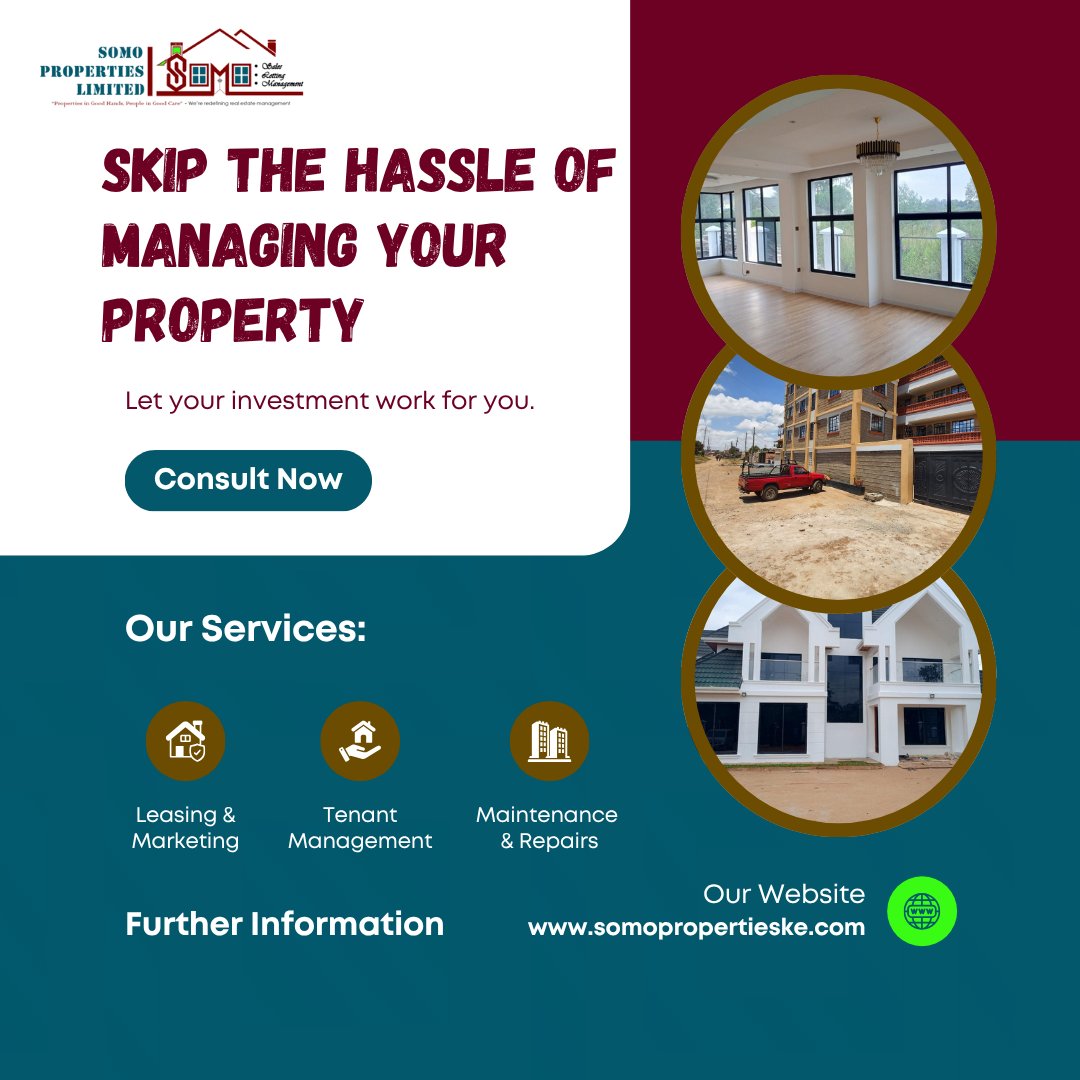 SomoProperties's tweet photo. Your property deserves reliable management.
We deliver efficient reporting, quality tenant handling, and proactive maintenance every month, every time.
#propertymanagementkenya #realestatekenya #somopropertieske https://t.co/wJs9CdOA6u