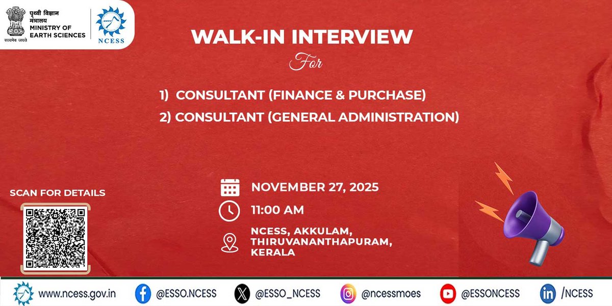 ESSO_NCESS's tweet image. 🚨 #WalkInInterview Alert! 🚨
@ESSO_NCESS is hiring on a contract basis!
Positions 👇
💼 Consultant (Finance &amp;amp; Purchase)
📋 Consultant (General Administration)
📅 27 Nov 2025 | ⏰ 11 AM
📍 NCESS, Akkulam, Thiruvananthapuram
🔗 Details: ncess.gov.in/walk-in-interv…

#NCESSJobAlert