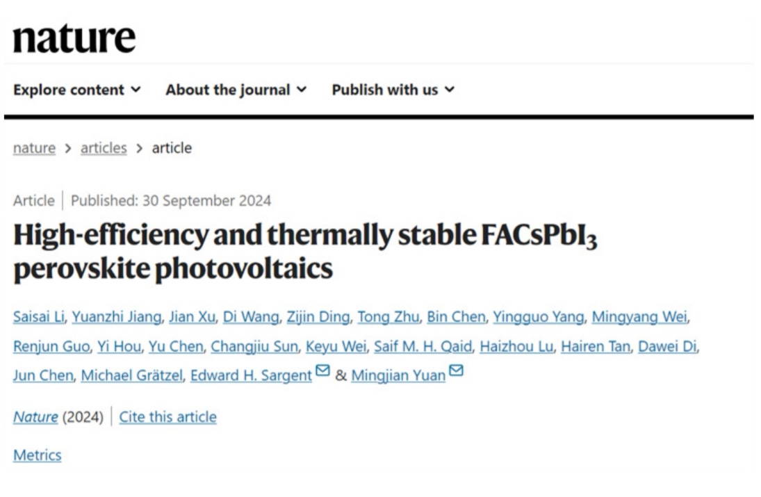 chinasmpb's tweet image. 9月30日晚，国际顶尖学术期刊《自然》(Nature)在线发表南开大学化学学院袁明鉴教授课题组与加拿大多伦多大学Edward H. Sargent教授课题组联合研究进展。 
　　
🔻该研究题为“High-efficiency and thermally stable FACsPbI3 perovskite…