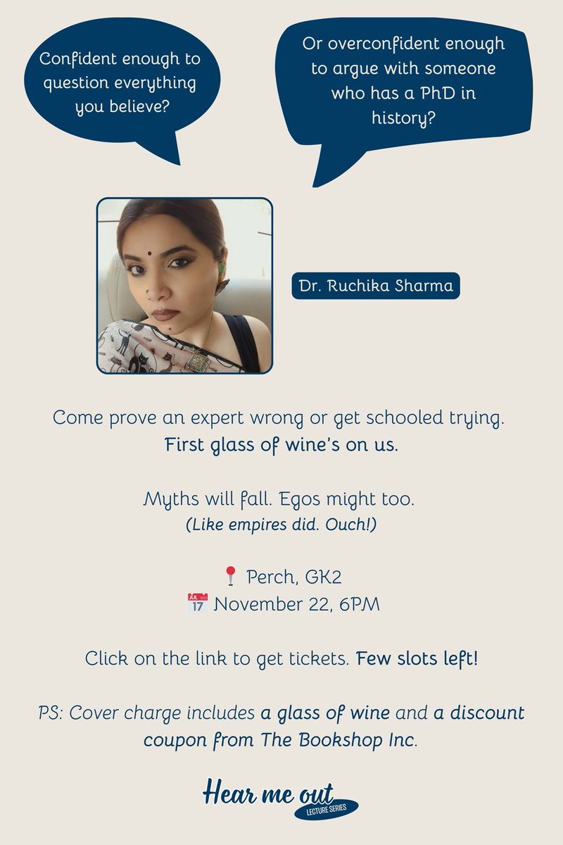 tishasaroyan's tweet image. Delhi folks, I&apos;ll be talking history this weekend on 22 Nov (Saturday), get your tickets here (pages.razorpay.com/HMOlecture2) see you there :)