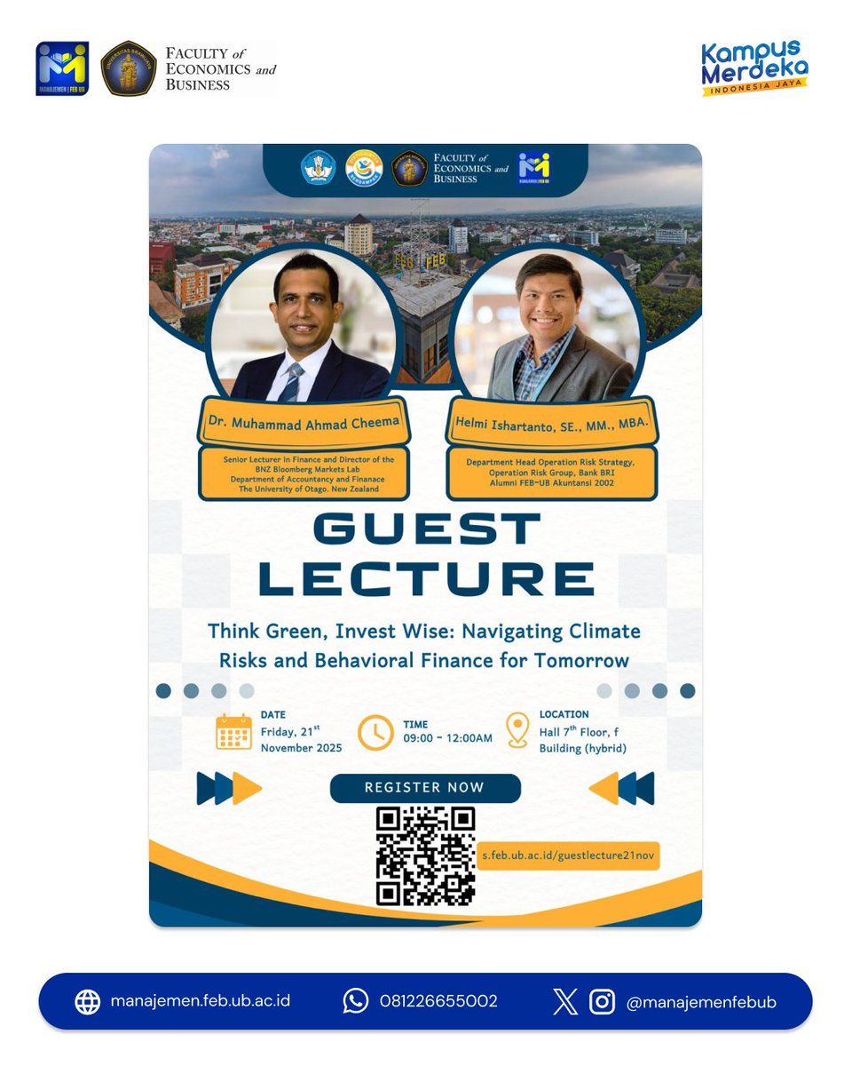 jmfebub's tweet image. Faculty of Economics and Business, Universitas Brawijaya proudly presents a Guest Lecture.

Register via the link (s.feb.ub.ac.id/guestlecture21…) or QR code provided on the poster 🤳🏻

We look forward to your participation ✨

#manajemenfebub #guestlecture