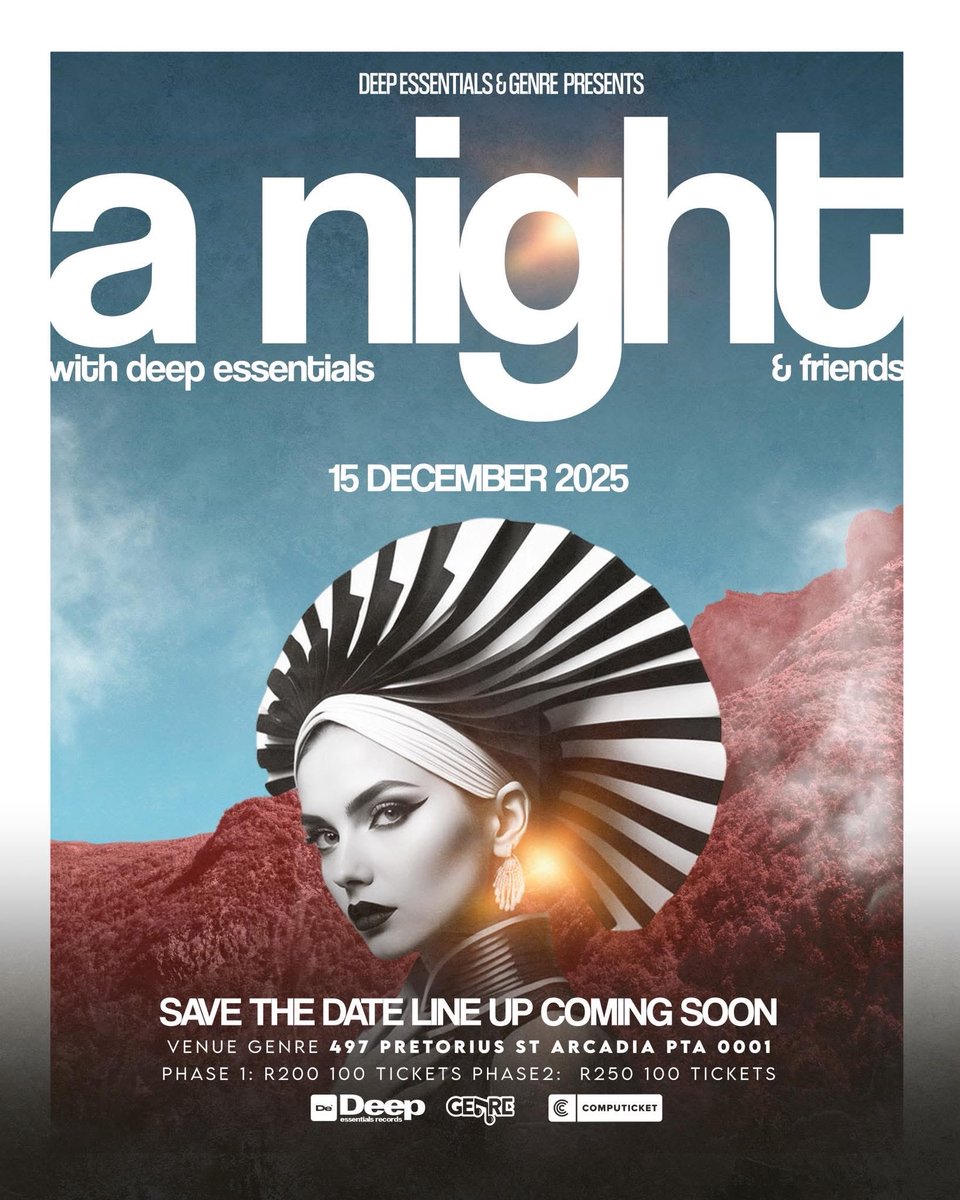 A Night With DEEP ESSENTIALS 

Monday 15 December 2025. Genre Eventing Socials Arcadia

Early Birds Tickets available on Computicket NOW
computicket-boxoffice.com/e/a-night-with…

MORE ℹ️ TO DROP SOON