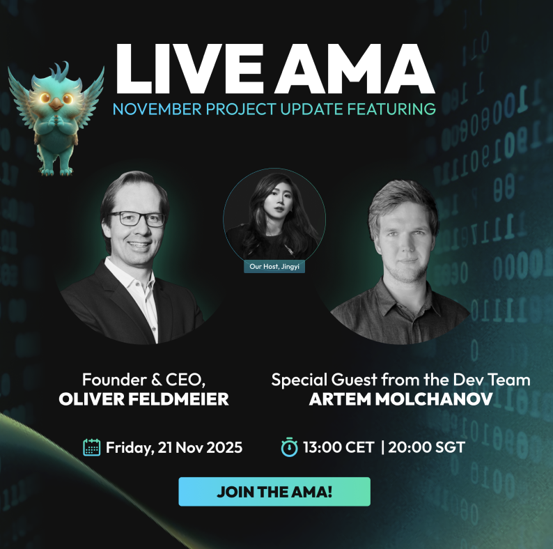 Griffin_AI's tweet photo. 😯 A new kind of AMA is coming 𝘁𝗵𝗶𝘀 𝗙𝗥𝗜𝗗𝗔𝗬.

More technical. More transparent. More Griffin AI.

🦅 November Project Update — LIVE AMA
🗓️ Friday, 21 Nov 2025
⏰ 13:00 CET / 20:00 SGT
📌 Set your calendar: https://t.co/1PkrJqc8M1

Featuring:
• Founder & CEO, Oliver Feldmeier (@OliFeldmeier)
• Special Guest from the Dev Team, Artem Molchanov (@molchanov_art)
• Host: Jingyi (@JingyiLiu )

A deep dive into what we shipped, how it works, and what’s coming next, directly from the people building it.

If you care about the tech behind Griffin AI, this is the one you don’t skip.