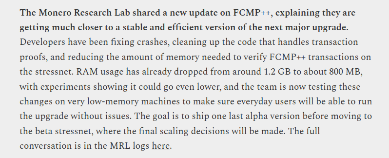 CR1337's tweet image. Monero FCMP++ Update:

&quot;The goal is to ship one last alpha version before moving to the beta stressnet, where the final scaling decisions will be made.&quot;