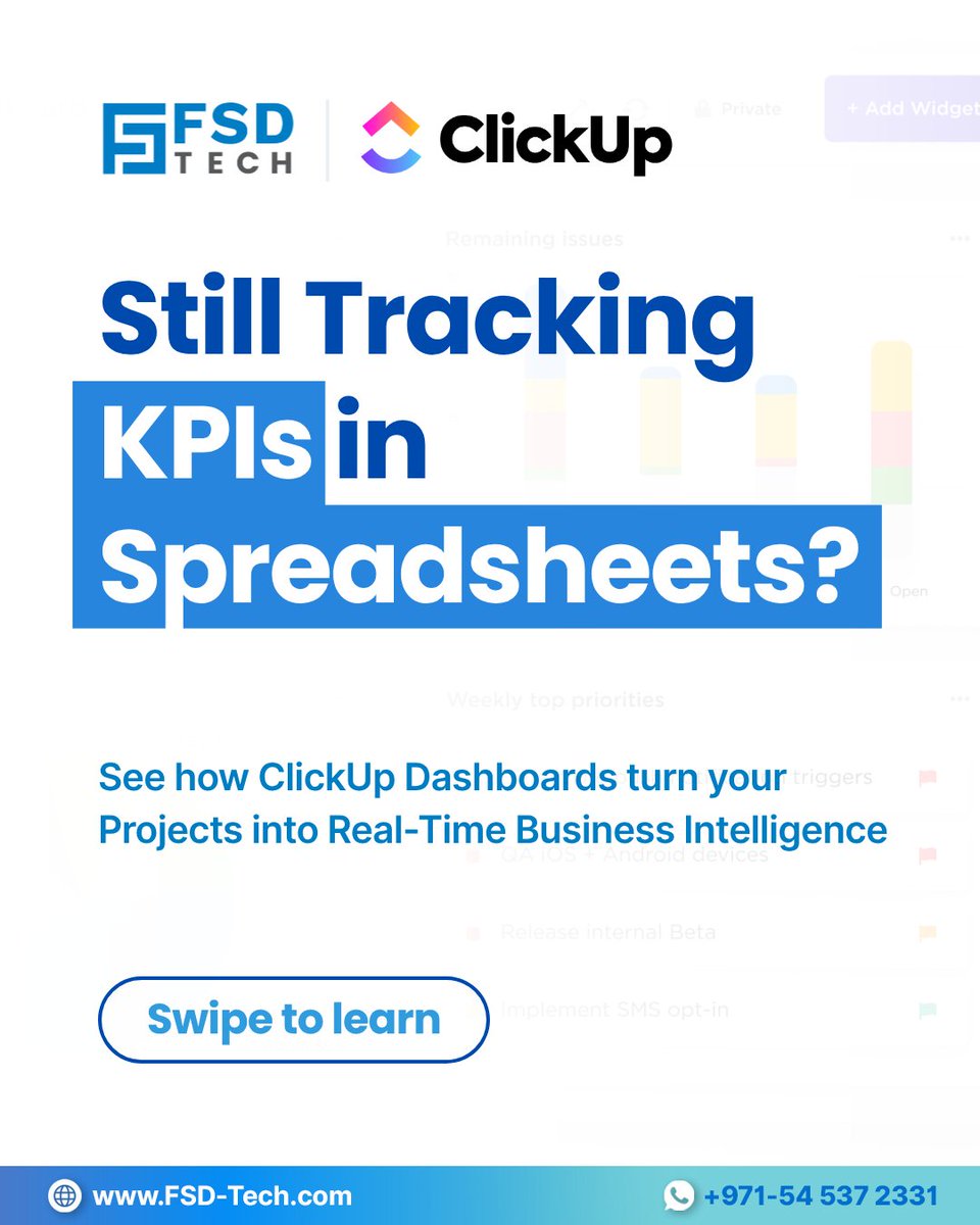 FsdTechnologies's tweet image. ClickUp Dashboards = real-time clarity for fast decisions ⚡
Track teams, tasks, goals &amp;amp; KPIs from a single screen.
Make sense of your data—instantly.

📖Blog: blogs.fsd-tech.com/clickup-dashbo…

#ClickUp #ProjectManagement #BusinessIntelligence #Dashboards #DataDriven #FSDTech #Automation