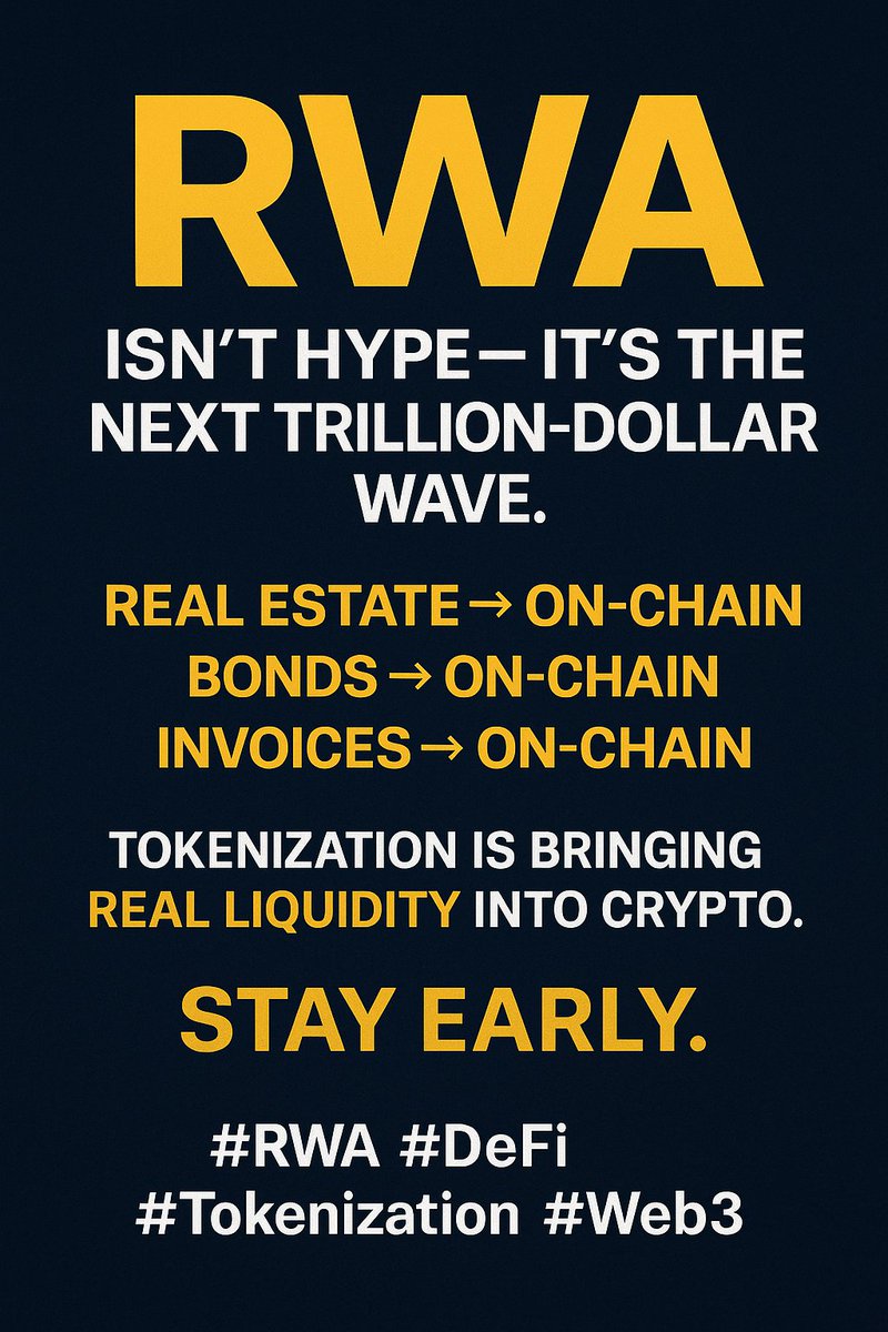 Web3use's tweet image. RWA isn’t hype — it’s the next trillion-dollar wave.
Real estate → On-chain
Bonds → On-chain
Invoices → On-chain

Tokenization is bringing real liquidity into crypto.
Stay early.

#RWA #DeFi #Tokenization #Web3