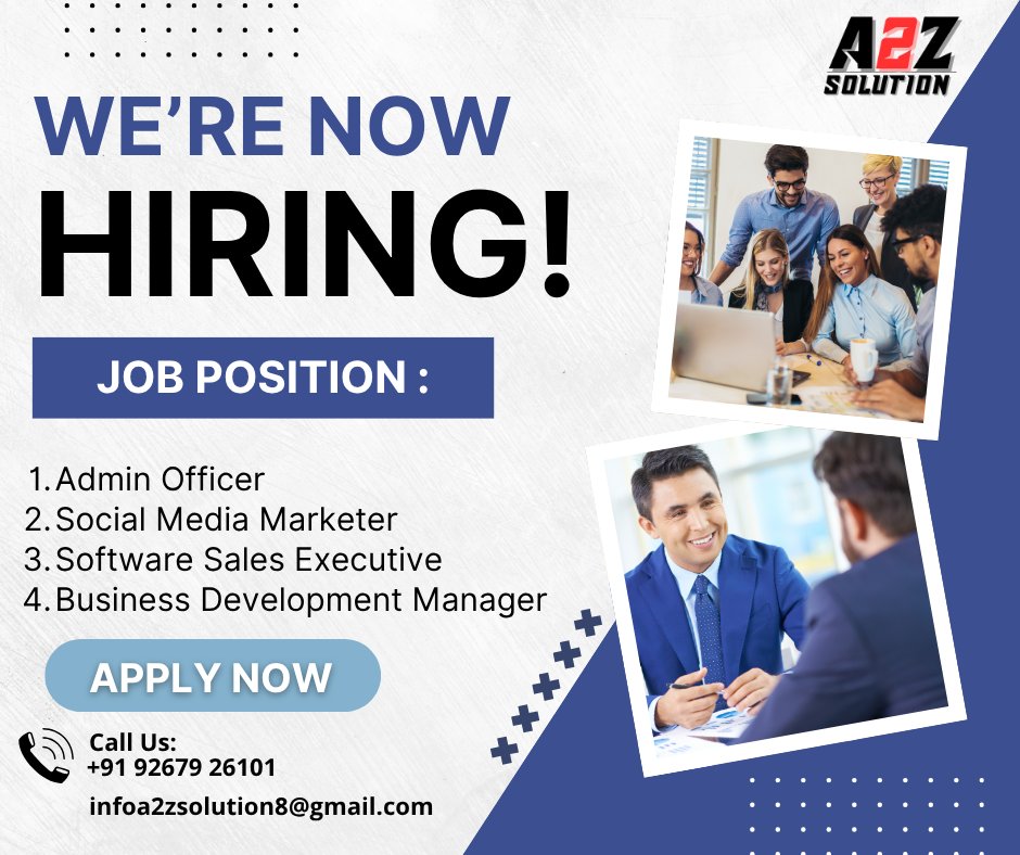 SunderBhati01's tweet image. 🚀 We’re Now Hiring!
Kickstart your career with A2Z Solution – Your Ultimate Placement Partner
📌 Open Positions:
• Admin Officer
• Social Media Marketer
• Software Sales Executive
• Business Development Manager

#A2ZSolution #Hiring #JobOpening #AdminOfficer