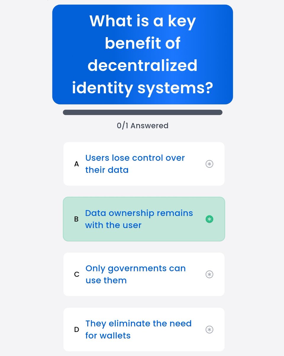 CryptoBetula's tweet image. 💠 Syntax Identity Knowledge Test!

🗓️ Wednesday, 19.11.2025.
📘 True self-sovereignty begins when your data remains entirely yours.
🔶 Opt for B to uphold ownership! 

#Syntax #DecentralizedID #Blockchain #Web3Identity #CryptoEducation #LearnAndEarn