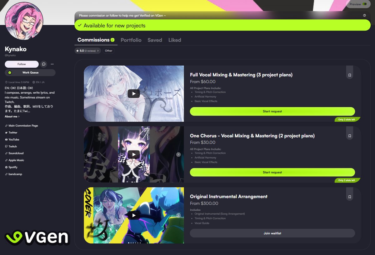 qtKynako's tweet image. My vocal mixing comms are available on Vgen as well! Feel free to inquire through X, email or on Vgen. 

You can know more about me here:
kynako.carrd.co

#VGen #VGenComm #Vtuber #歌ってみた #MIX師募集  #MIX依頼募集 #歌い手さんMIX師さん絵師さん動画師さんとPさん繋がりたい