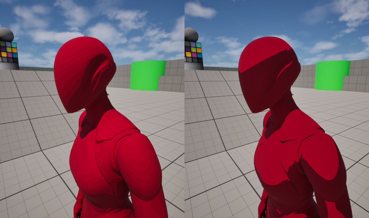 rarihoma's tweet image. UE の最新ビルドにて、ついに Built-in の Toon Shading BSDF ノードが追加！ただしまだ初期実装とのこと。試してみたところ、10 段階の階調影が付くことを確認 (画像左)。階調段階数は現状ハードコーディングだが、いじって 2 階調にしてみた (画像右)。将来的には外部から指定できるかも？
#UEStudy