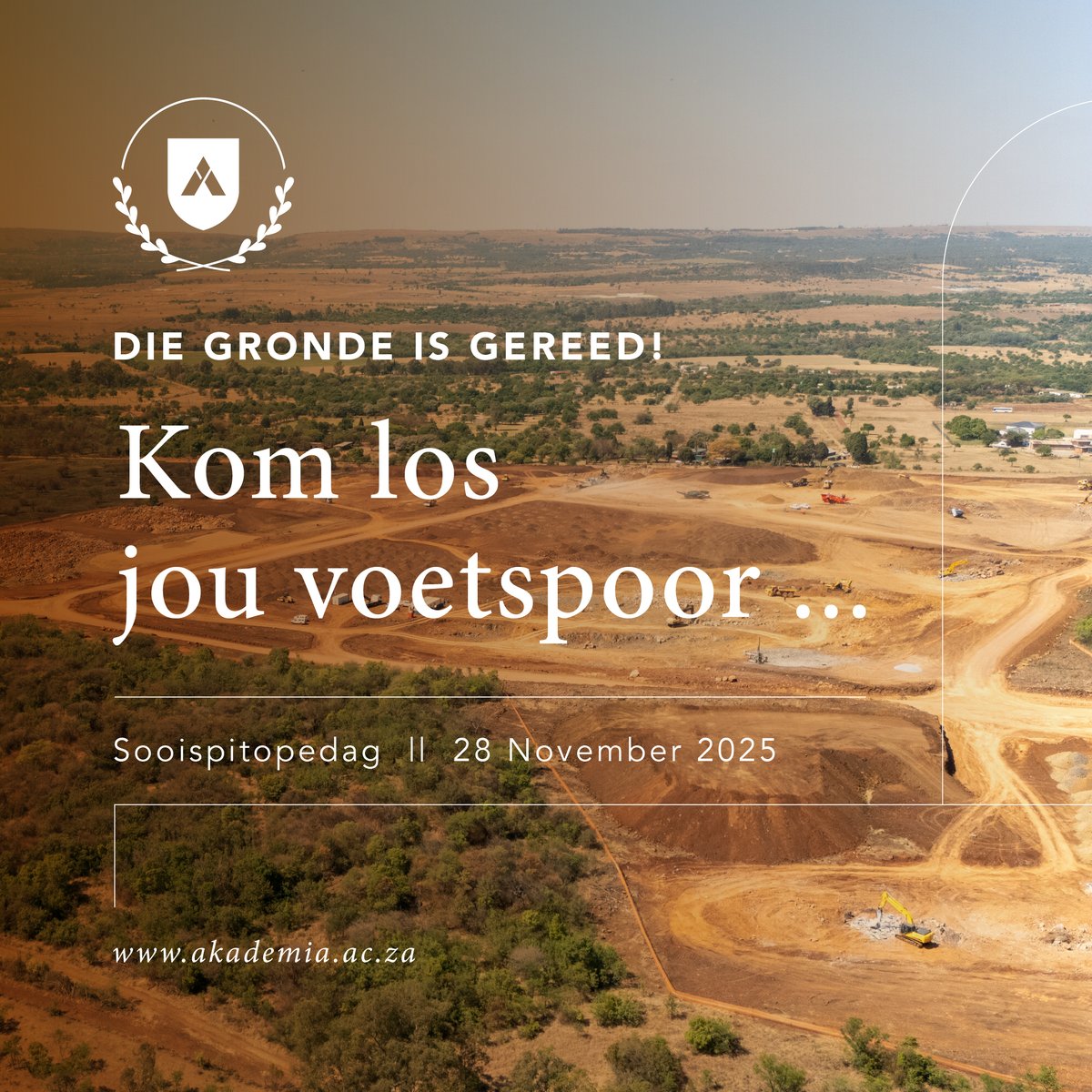 Die konstruksiefase van Akademia se wêreldklas kampus in die ooste van Pretoria is gereed om ŉ aanvang te neem. Deel die dag saam met ons en kom trap pionierspore! Bespreek jou plek hier: akademia.ac.za/sooispit-uitno… 
Sessie een | 12:00
Sessie twee | 13:00
Sessie drie | 14:00