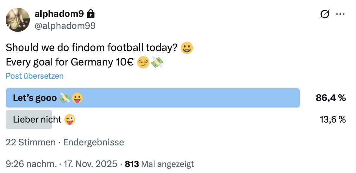 Loser4Alphadom's tweet photo. Es war ja zu vermuten, dass die Mehrheit auf seiner Seite sein würde, na ja, bitte. Bei 86,4% kann man sich als #Sub dann auch schlecht damit rausreden, dass es ein knappes Ergebnis wäre und sich daraus keine Zahlungsverpflichtung ableiten ließe.
#FindomFootball #FootballFindom https://t.co/S0qYejN8hr