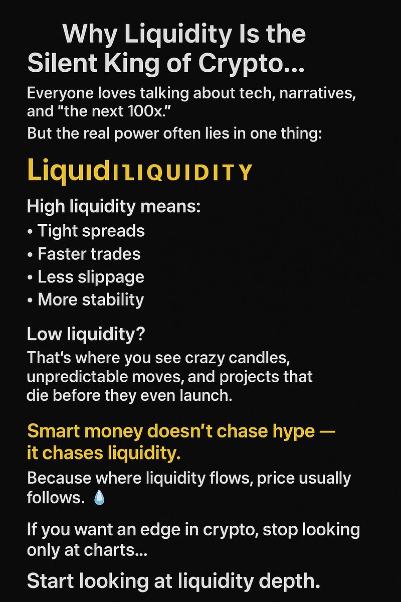 tranquilionaire's tweet image. #Pulse 🧩 Why Liquidity Is the Silent King of Crypto…

Everyone loves talking about tech, narratives, and “the next 100x.”
But the real power often lies in one thing: liquidity.

High liquidity means:
• Tight spreads
#Crypto #Pulse #DeFi #Trading #Alpha  pulse.social/pulse/invite-f…