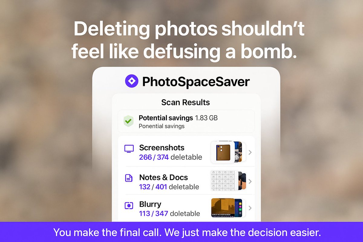 FanStudioApps's tweet photo. Deleting photos shouldn’t feel like defusing a bomb.

In PhotoSpaceSaver, Smart Select tries to:
• keep favorites &amp; edited photos
• protect recent memories
• surface low-value shots (similar, blurry, screenshots)

App Store:
https://t.co/gHaCdIXKeA https://t.co/8dNMKrbror