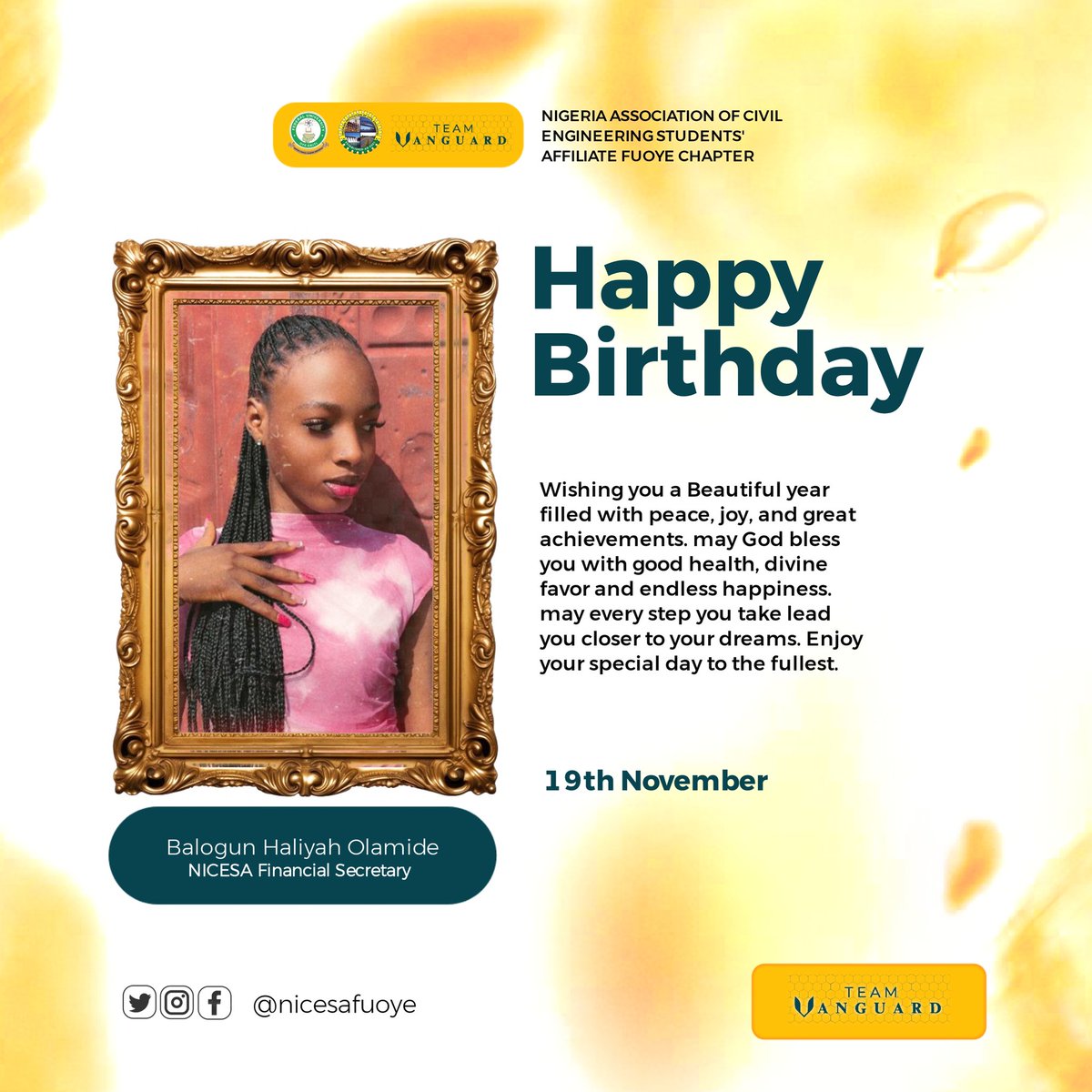 NicesaFuoye's tweet photo. 🥳🥳Today we celebrate a 300L-Civil Engineering Student, Comr. Balogun Haliyah Olamide,  our very own Nicesa Fiancial Secretary.

We do not just celebrate her we celebrate her consistent, reliable and efficient personality. Enjoy your day and keep on being you✅✅✅ https://t.co/vKyBg9yzrP