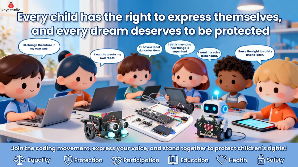 KeyestudioRobot's tweet image. #keyestudio 🐞
Happy World Children’s Day!✨
Every child deserves safety, education, and the freedom to express themselves.💛
Through STEM and Coding Education, we hope to give young creators the tools to explore, innovate, and grow.
Let’s continue to protect their dreams and…