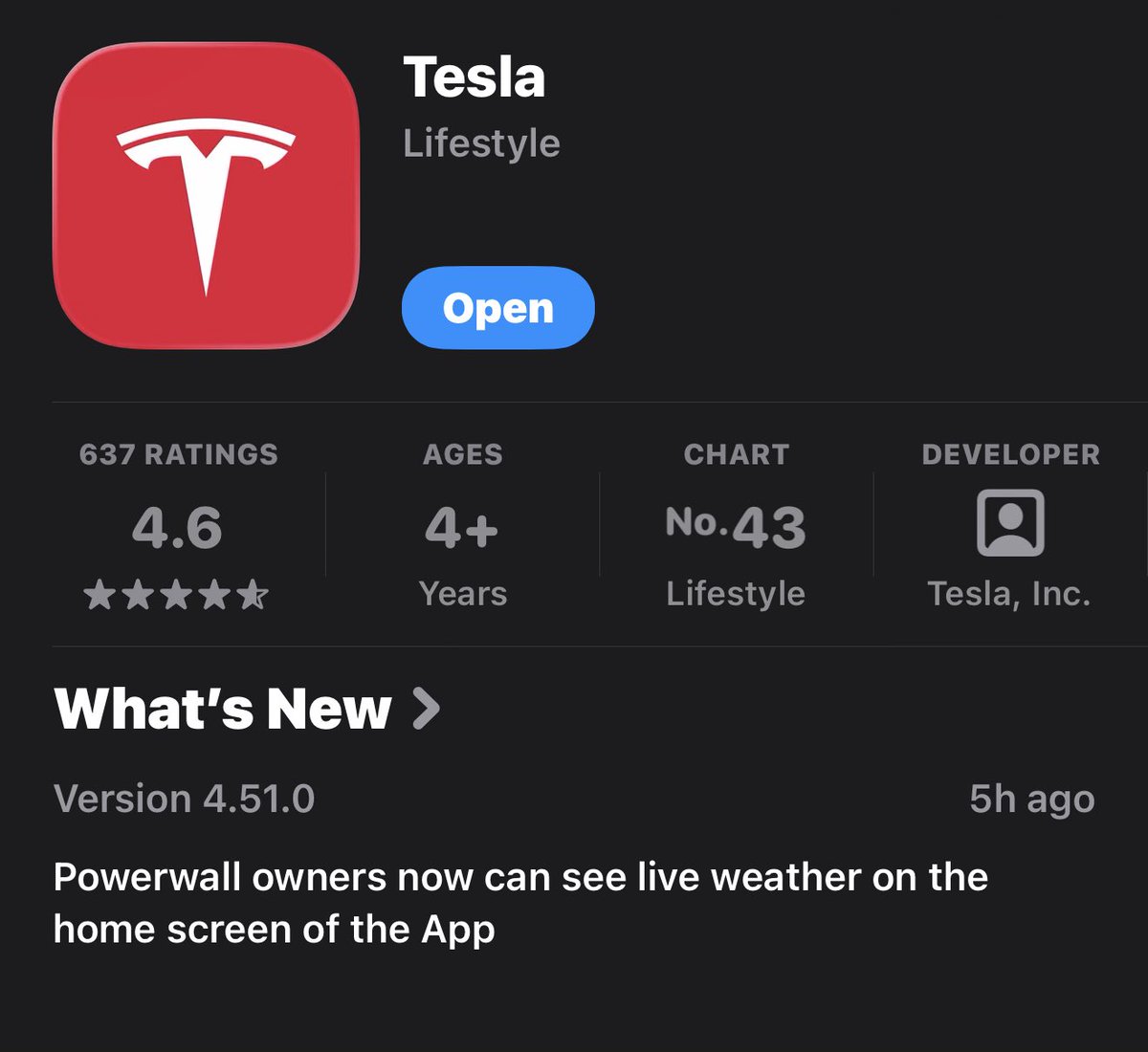FullGridMode's tweet image. Tesla app version 4.51.0 is now available on iOS! 📲⚡️

What’s New?

Powerwall owners can now see live weather 🌦️ right from the app’s home screen.