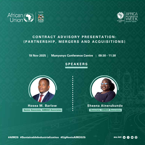 Our Senior Associate, <a href="/hosea_barlow_M/">Hosea Barlow</a> , and Associate, <a href="/sheena_amate/">Sheena Ainerukundo</a> , will present at the Africa Youth Start Up Forum during #AfricaIndustrializationWeek. They will guide MSMEs on deal making and contract advisory for partnerships, mergers and acquisitions.
#AIW2025 #ABMAK