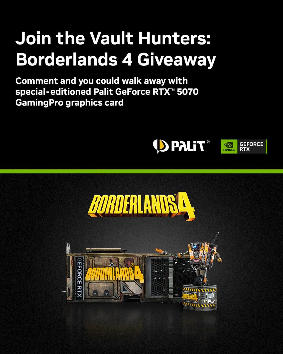 NvidiaANZ's tweet image. 🔥 COMMENT &amp;amp; WIN – Join the Vault Hunters: Borderlands 4! 🔥
We’re giving away a special editioned Borderlands 4 Palit GeForce RTX™ 5070 GamingPro graphics card value at US$749+!

To enter, simply:
•Comment your favourite Borderlands Vault Hunter and why.
•Include #RTXON…