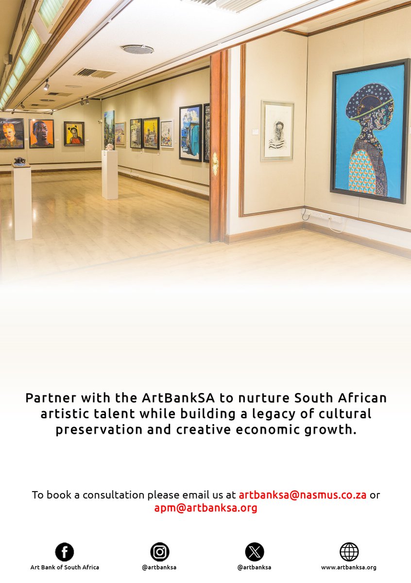 artbankSA's tweet photo. Partner with the ArtBankSA to nurture South African artistic talent while building a legacy of cultural preservation and creative economic growth.

To book a consultation please email us at artbanksa@nasmus.co.za or apm@artbanksa.org https://t.co/woFYmJYYOw