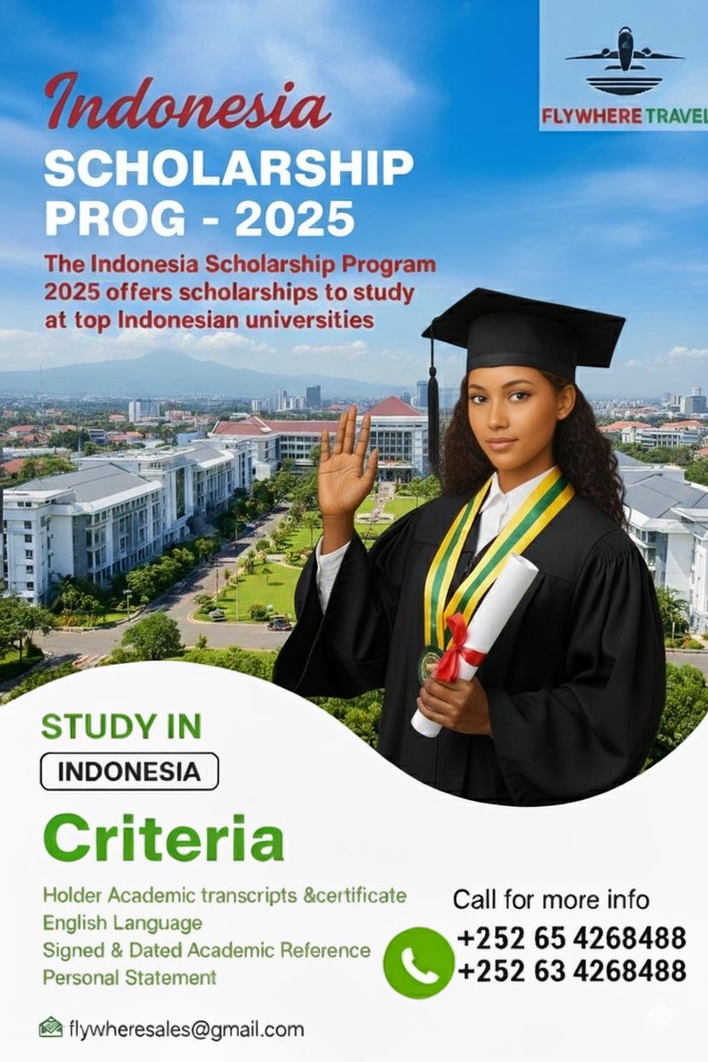FlywhereTravel's tweet photo. ๐ Unlock your potential with the Indonesia Scholarship 2025 ๐๐. Study at top universities ๐ซ, explore new cultures ๐, and build your future ๐ผ. Apply via #Flywhere Travel ๐ or WhatsApp +252 654268488 | +252 634268488 โ๏ธ flywheresales@gmail.com #StudyAbroad #indonesia https://t.co/BglYEYCG2G