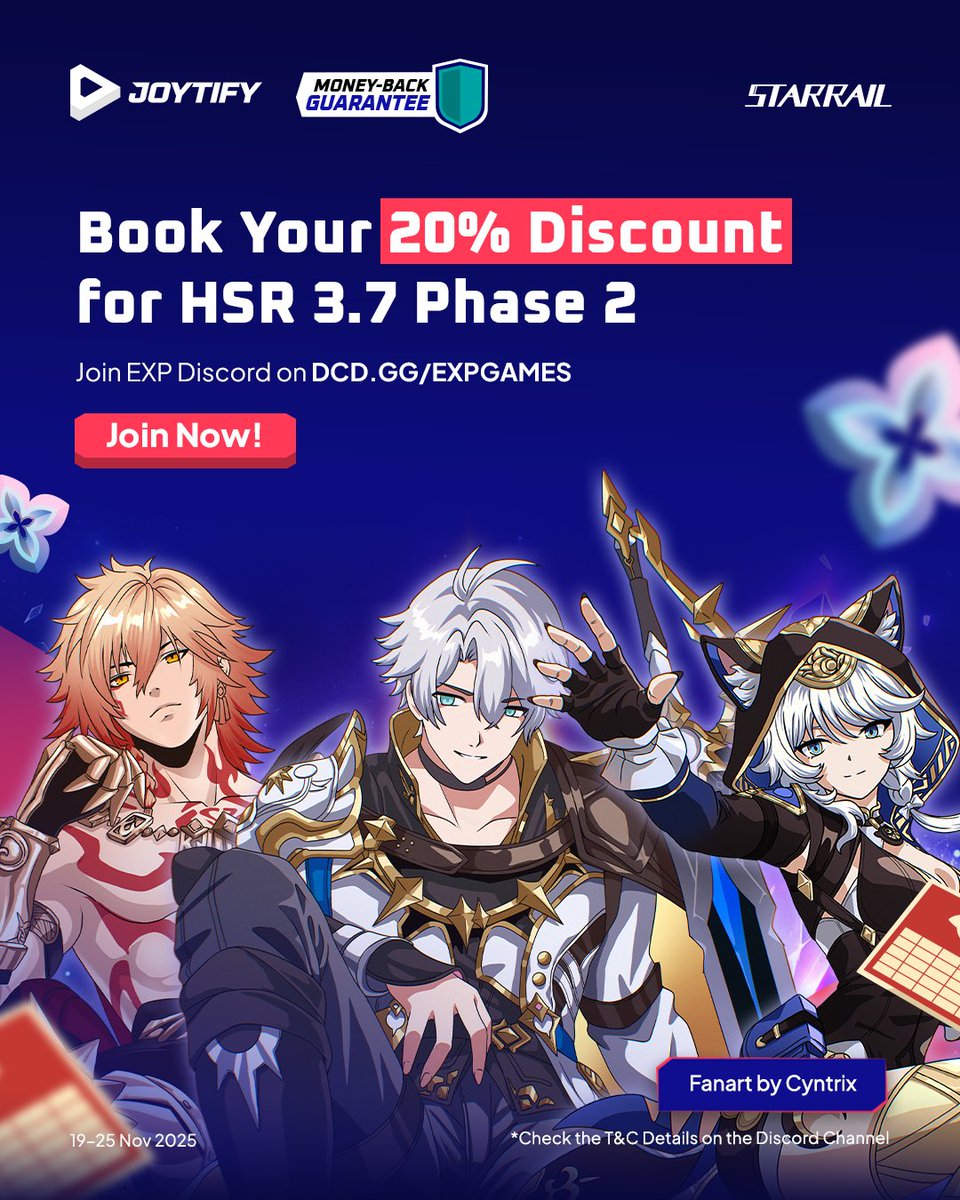 HSR 3.7 Phase 2 is live! 🔥
Grab your 20% OFF voucher before it ends.
Join the EXP Discord and secure your deal now!

👉 dcd.gg/expgames
📅 Nov 19–25, 2025

#HonkaiStarRail #HSR #Joytify