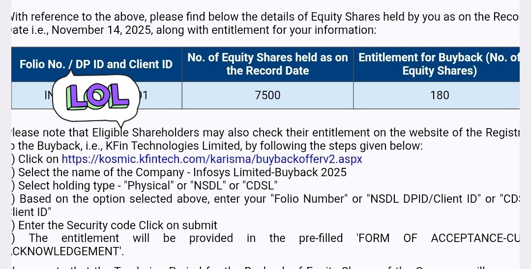 Cash_Traderr's tweet image. #infosys buyback 
got entitlement for… 180 shares😀