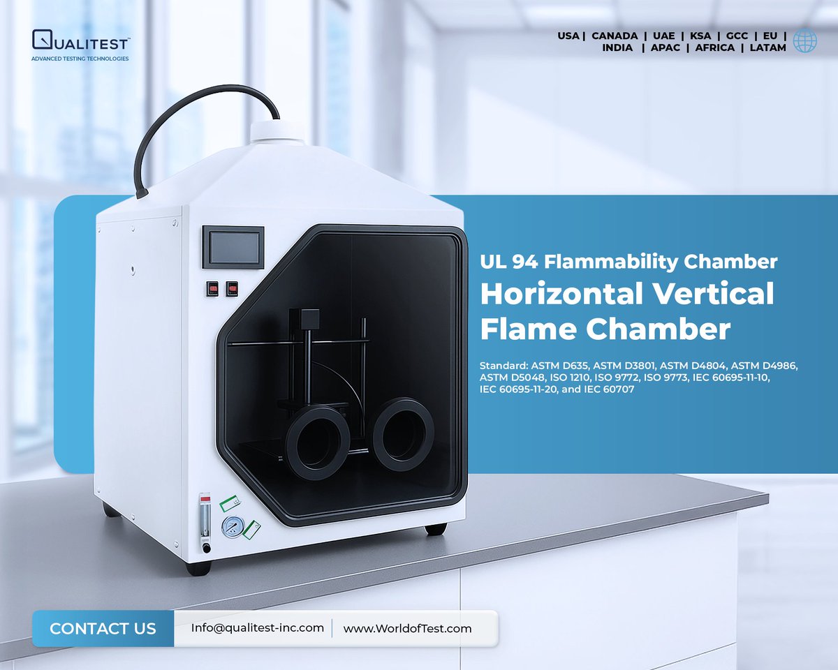 Qualitestinc's tweet image. Ensure fire-safe plastics with the Qualitest UL 94 Flammability Chamber compliant with UL 94 &amp;amp; major ASTM/IEC standards for accurate, repeatable results.

Read more: worldoftest.com/ul-94-flammabi…

#UL94 #FlammabilityTesting #MaterialTesting #FireSafety #Qualitest