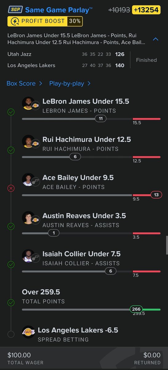 oneclassybro's tweet photo. >13k payout busted by a completely unnecessary Bailey under 9.5 points leg...#badbeats https://t.co/mCcJzCwUZP