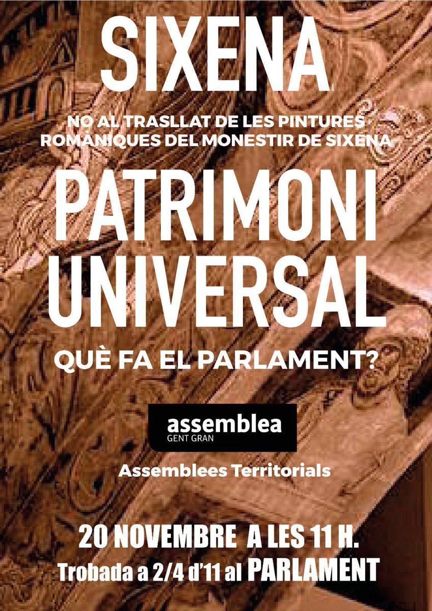 No hi ha res pitjor que el fanatisme polític i el cas de Sixena és un exemple viu. Tot s’hi val per un no res. Per això el seny català ha d’evitar els danys irreparables d’un patrimoni universal. El Parlament ho pot evitar.
Anem el 20/11 per manifestar el nostre rebuig a 2/4 d’11